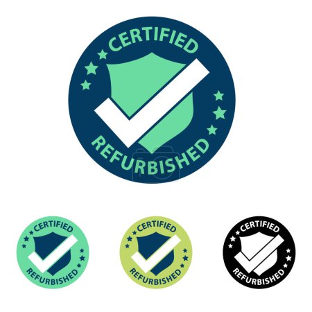 Illustration for Certified Refurbished, Flat isolated rounded vector, Badge, pictogram, symbol, icon, logo, seal, stamp, emblem, refurbishing, upgrade, renew, tested, secure, recall, restore, product, repaired. - Royalty Free Image