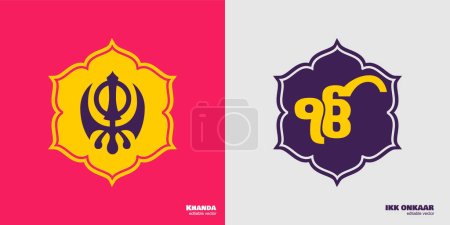 Illustration for Sikh symbol, khanda, ik onkar, waheguru, sikh sign, logo, religious, khalsa, punjabi, punjab, Waheguru, Khanda sahib, emblem, Gurpurab Banner,  easy to use, editable vector, - Royalty Free Image