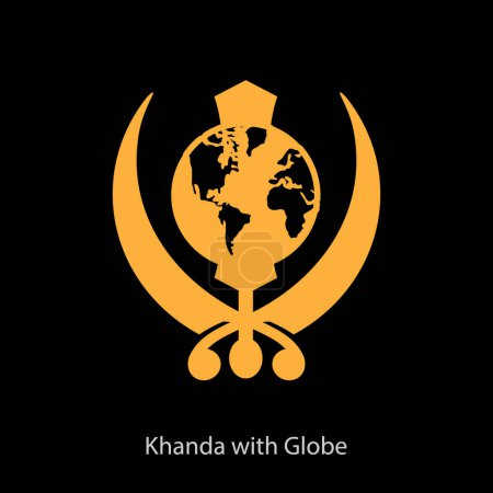 Ilustración de Icono moderno de Sikh Khanda con Globe Vector, Pegatina para coche y bicicletas, ilustración, Raj Karega Khalsa, logotipo, símbolo de sijismo aislado plano, logotipo religioso. Punjab, Punjabi, - Imagen libre de derechos