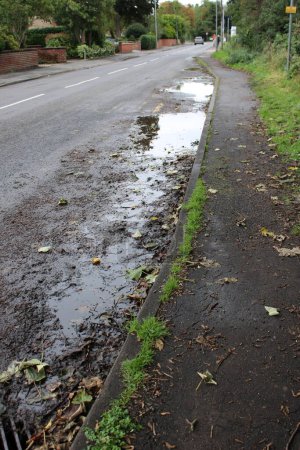 Photo for Grungy Bus stop bay at side of road with leaf mulch and large puddle of water - Royalty Free Image