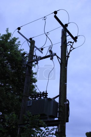 Three phase 11KV overhead powerline with transformer on pole