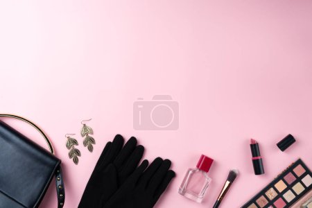 Photo for Pink background with feminine things. Top view point, flat lay. Space for text - Royalty Free Image