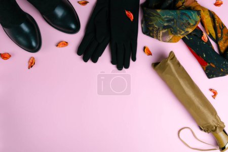 Photo for Women's haberdashery on a pink background. Autumn concept - Royalty Free Image