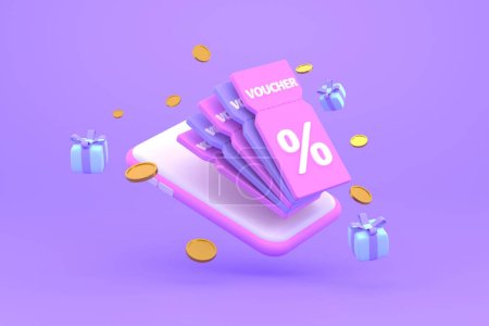 Photo for 3D. smartphone on discount coupon with percentage sign with coins and gift box. Voucher card cash back - Royalty Free Image