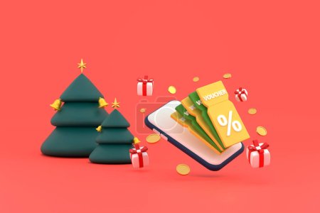3D. Smartphone auf Rabattgutschein mit Prozentzeichen mit Münzen und Geschenkbox, Weihnachtsbaum
