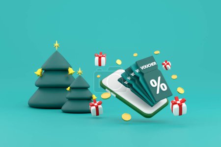 Foto de 3D. smartphone en cupón de descuento con signo de porcentaje con monedas y caja de regalo, árbol de Navidad - Imagen libre de derechos