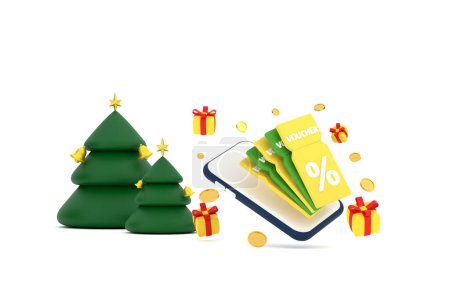 Foto de 3D. smartphone en cupón de descuento con signo de porcentaje con monedas y caja de regalo, árbol de Navidad - Imagen libre de derechos