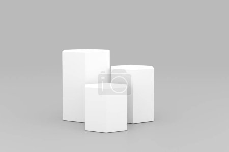 Foto de 3D. Elegante podio de hexágono blanco sobre fondo geométrico para presentaciones premium. - Imagen libre de derechos