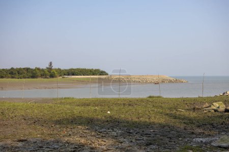 Hermosos paisajes de Noakhali Musapur Sea Beach. Este lugar también se conoce como Musapur Closer. Lugar turístico escénico con cielo azul claro, bahía de Bengala océano, y vegetación.