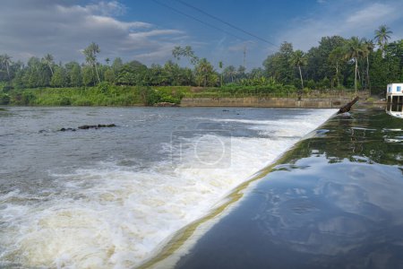 Una hermosa vista de una cascada desde una presa de control En Kerala, India. Una vista del paisaje con agua blanca pura que fluye en un río
