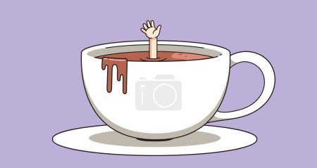 a hand appears from inside the coffee cup asking for help
