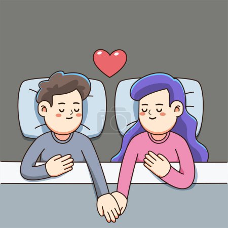 couple holding hands in their bed. Isolated Vector Illustration