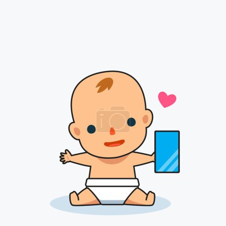 Ilustración de Un bebé feliz sostiene un teléfono inteligente. Ilustración vectorial - Imagen libre de derechos