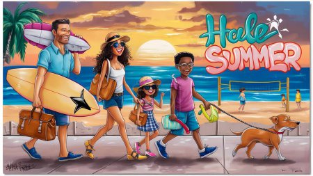 Eine glückliche Familie, die ihre Habseligkeiten im Auto trägt und sich darauf vorbereitet, den Sommerurlaub am Meer zu verbringen, mit einem Satz, der Hallo Sommer sagt.