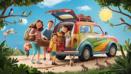 A happy family carrying their belongings in the car and getting ready to go out and spend the summer vacation at the seaside, 