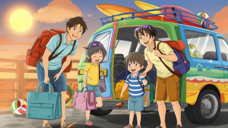 Eine glückliche Familie, die ihre Habseligkeiten im Auto trägt und sich darauf vorbereitet, den Sommerurlaub am Meer zu verbringen, 