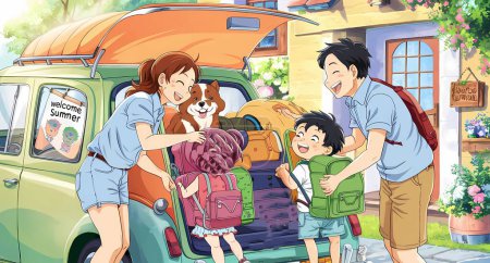 A happy family carrying their belongings in the car and getting ready to go out and spend the summer vacation at the seaside, with a phrase saying hello summer.