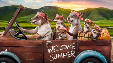  familia de zorro en su camino a las vacaciones en un coche de madera, con las palabras de bienvenida verano.