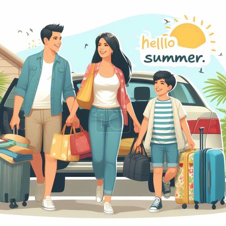 A happy family carrying their belongings in the car and getting ready to go out and spend the summer vacation at the seaside, with a phrase saying hello summer.