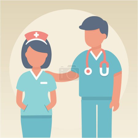 Illustration for Male doctor comforting female nurse hand on pocket in hospital duty medical uniform flat vector illustration character, paramedic staff stethoscope, practitioner and nurse friendly at health center - Royalty Free Image