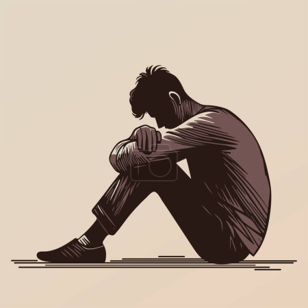 Illustration for Young tired depressed male man sitting alone at floor bowed his head on knee cartoon character, sad thoughts anxiety vector illustration thinking about problems, stress, confused, bankruptcy, lose cry - Royalty Free Image