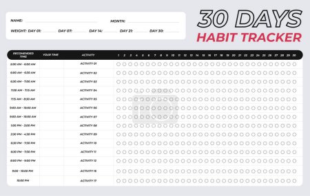 30 days activity habit tracker, 1 month weight lose challenge daily tracking template diary journal planner table bullets and time vector design fitness fat gain goal list printable page horizontal