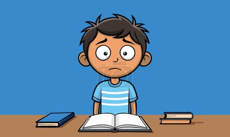 Illustration for Sad confused face expression boy worried think about exam test on study table, child suffering from bored home work boy cartoon vector character vector difficulty in reading a book disorder concept - Royalty Free Image