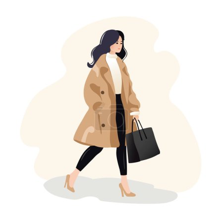 Téléchargez les illustrations : Illustration d'une femme à la mode marchant avec des sacs à provisions - en licence libre de droit