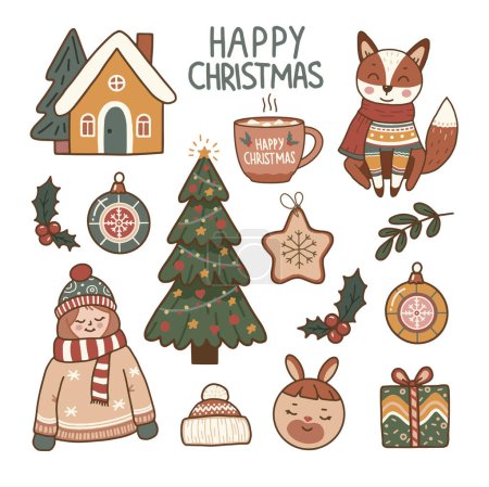 Illustration for The illustrations include a fox wearing a sweater, a Christmas tree, a house, a mug with "Happy Christmas" written on it, holly, ornaments, a sweater, a reindeer, a gift, a hat, and a scarf. The illustrations are in a whimsical style and are colored - Royalty Free Image