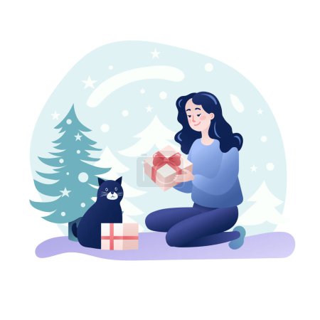 Illustration for This is a festive illustration of a woman and a cat sitting with Christmas gifts in a snowy landscape. The woman is wearing a blue sweater and holding a pink gift, while the black cat is sitting next to a white gift. A Christmas tree is visible in th - Royalty Free Image