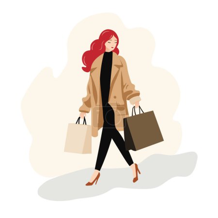 Ilustración de Ilustración de una mujer de moda caminando con bolsas de compras - Imagen libre de derechos