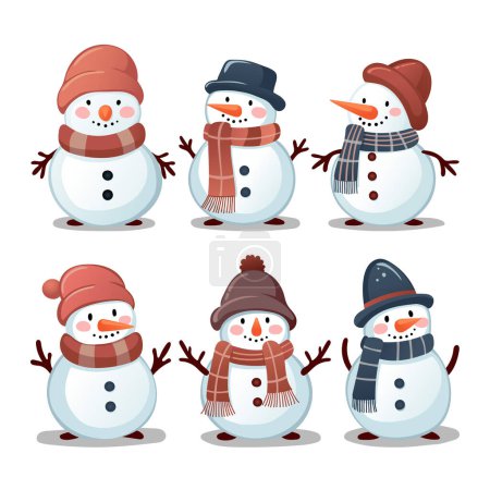 Téléchargez les illustrations : Une collection de six bonhommes de neige différents portant des chapeaux d'hiver et des foulards - en licence libre de droit
