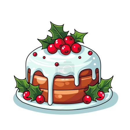 Illustration for A whimsical cartoon illustration of a round Christmas cake adorned with holly leaves and red berries. The cake is covered in white icing, and its layers are visible beneath. Perfect for holiday-themed designs and celebrations - Royalty Free Image