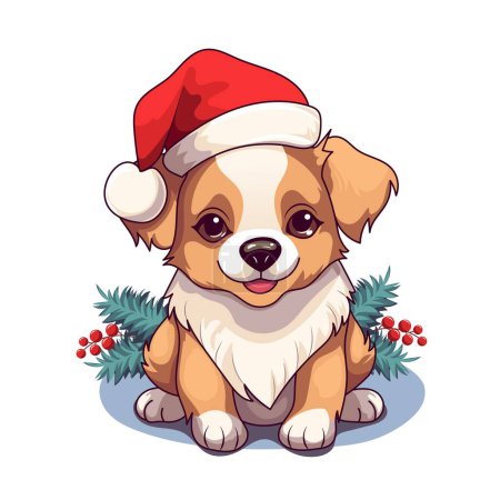 Illustration for An adorable illustration of a brown and white puppy wearing a red Santa hat, sitting cheerfully in front of a sprig of holly with red berries. Perfect for holiday-themed designs - Royalty Free Image