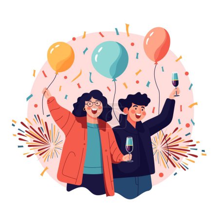 Téléchargez les illustrations : Illustration de deux personnes célébrant avec des ballons et des feux d'artifice en arrière-plan - en licence libre de droit