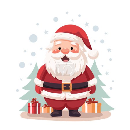 Illustration for A cheerful Santa Claus stands amidst falling snow, surrounded by wrapped Christmas gifts and pine trees - Royalty Free Image