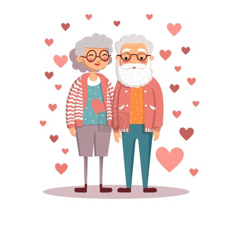 Ilustración de Una conmovedora ilustración de una pareja de ancianos rodeados de corazones flotantes, que representan el amor perdurable - Imagen libre de derechos