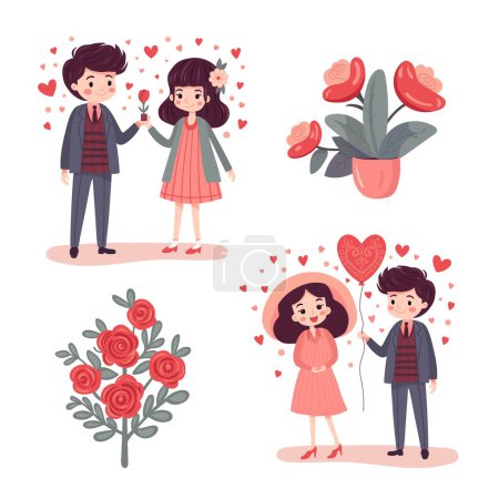 Téléchargez les illustrations : Une charmante illustration capturant des moments doux entre couples, entourés de roses et de cœurs vibrants, parfaits pour la Saint-Valentin ou les anniversaires - en licence libre de droit