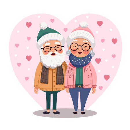 Téléchargez les illustrations : Une charmante illustration d'un couple âgé, vêtu de vêtements d'hiver, entouré d'un cœur et de coeurs plus petits, représentant chaleur et amour - en licence libre de droit