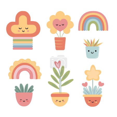 Illustration for A collection of adorable, colorful illustrations featuring smiling plants and whimsical rainbows, perfect for children's content or cheerful designs - Royalty Free Image