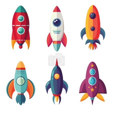 Illustration for A vibrant set of six different illustrated rockets, each with a unique design and color scheme, perfect for children's books, educational materials, or themed decorations - Royalty Free Image