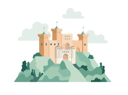 Ilustración de Una serena ilustración de un castillo medieval encaramado sobre ondulantes colinas verdes, situado contra un cielo pastel, ejecutado en un estilo moderno de diseño plano - Imagen libre de derechos