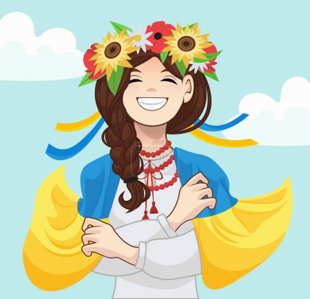 Fille ukrainienne avec couronne, drapeau et illustration vectorielle de fond bleu