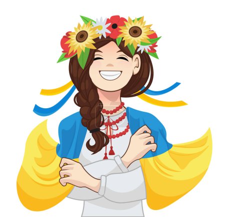 Téléchargez les illustrations : Fille ukrainienne avec couronne et illustration vectorielle drapeau - en licence libre de droit