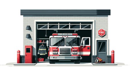 Téléchargez les illustrations : Camion de pompiers à la caserne - en licence libre de droit