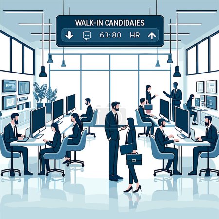 Ilustración de Un piso corporativo lleno de gente, nuevos candidatos, entrevista de trabajo en el trabajo. IA generada - Imagen libre de derechos
