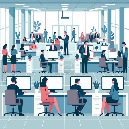 Illustration for A vibrant corporate office scene with employees engaged in various activities. Some are seated at their desks with computers, while others converse in groups. The environment is structured with clear glass partitions, potted plants. - Royalty Free Image
