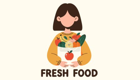 Illustration for Flat simple vector illustration of a young girl with tan skin and brown hair holding a bag bursting with colorful fruits such as apples, oranges, and bananas. - Royalty Free Image