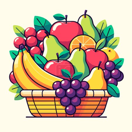 Illustration for Flat simple vector illustration of a large basket brimming with colorful fruits. The basket is filled with a variety of fruits such as vibrant red apples, sun-yellow bananas, lush green pears, and juicy purple grapes. - Royalty Free Image