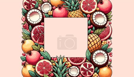 Illustration for The edges are adorned with a rich assortment of tropical fruits like coconut, pomegranate, and pineapple. These fruits are positioned to form a patterned frame further from the center, leaving a more significant square space in the middle - Royalty Free Image